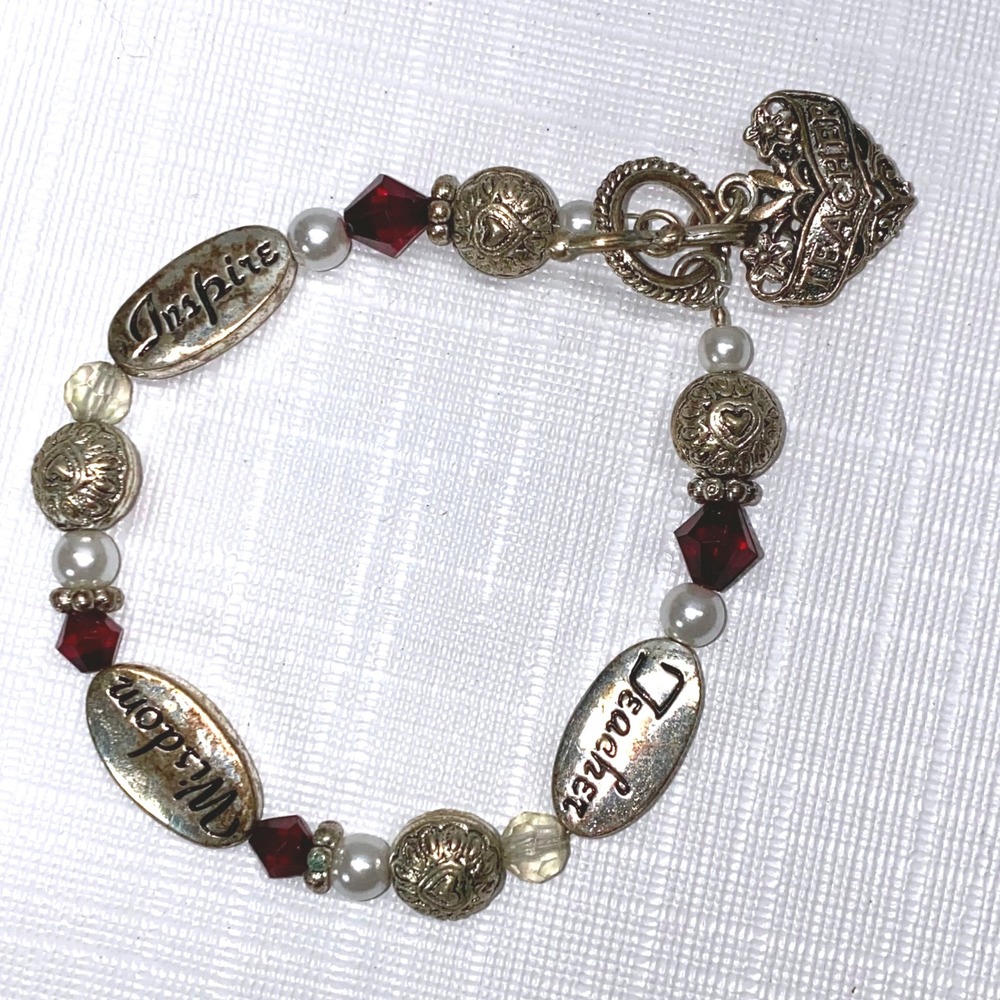 Teacher Inspire Wisdom Heart Charm Toggle Bracelet Silver Tone‎ Beads Red Gems